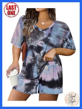 Plus Size Tie-Dye 2 Piece Outfit Shorts Set V Neck Lounge Sleepwear